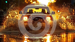 Splash by car as it goes through flood water after heavy rains of Harvey hurricane storm in Houston, Texas, US. Flooded city road