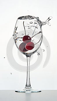 Splash of cherries into a wine glass isolated on white background. Copy space Food concept