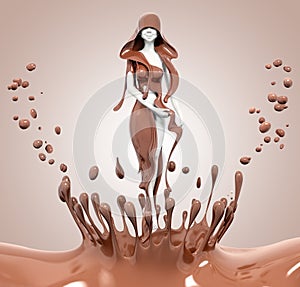 Splash chocolate and beautiful gir, abstract background isolated 3d rendering