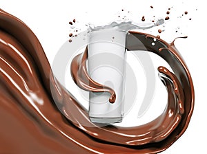 Splash chocolate and milk in glass 3d rendering