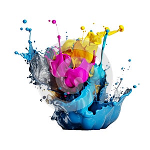 Splash of CMYK paint splashing Cyan, Magenta, Yellow, Black isolated background transparent png. Generative ai