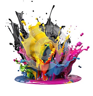 Splash of CMYK paint splashing Cyan, Magenta, Yellow, Black isolated background transparent png. Generative ai photo