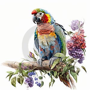 A Splash of Color, A Stunning Parrot on a Flowers Branch, Isolated on White Background - Generative AI