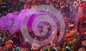 Splash of colours during Samaj at nandgaon Temple for Samaj During Holi Festival,UttarPradesh,India