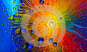 Splash or explosion of bright colored liquid or paint with drops and bubbles
