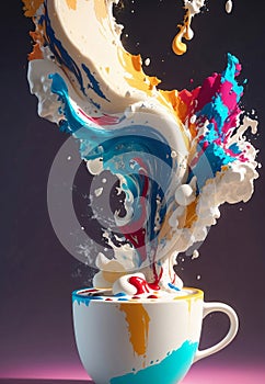 Colorful splash explosion in a cup of coffee, Generative AI Illustration