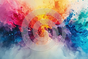 Splash or explosion of multicolored paint, swirl of watercolor or colored ink, abstract pattern background. Bright burst of