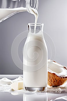 Splash of Fresh coconut milk in a glass - grey background