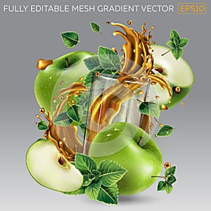 Splash of fruit juice in a glass among green apples and mint leaves.