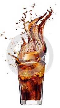 Splash from ice cubes in a glass of cola, isolated on the white background