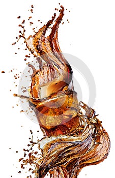 Splash from ice cubes in a glass of cola, isolated on the white background photo