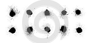 Splash ink. Splatter water. Set grunge stain. Black paint spot isolated on white background. Brush blot. Circle distressed dirt. S