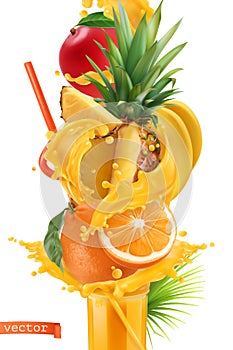 Splash of juice and sweet tropical fruits. Mango, banana, pineapple, papaya and orange. 3d vector