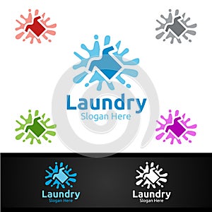 Splash Laundry Dry Cleaners Logo with Clothes, Water and Washing Concept