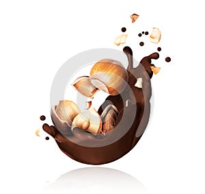 Splash of melted chocolate with crushed hazelnuts closeup on white background