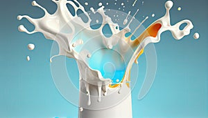 Splash milk glass 3d illustration drink liquid dairy food healthy white background cream calcium fresh beverage dripped product