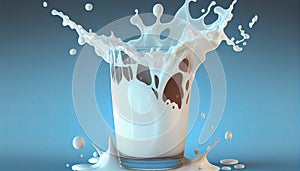 Splash milk glass 3d illustration drink liquid dairy food healthy white background cream calcium fresh beverage dripped product