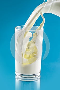 Splash of milk in transparent glass on blue background