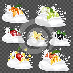 Splash milk or yogurt. Set with fresh fruit, berries and vanilla. 3d realistic vector illustration