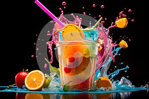 splash of multi-colored bright fruit drink. Transparent glass with soda and berries. On a black background. orange, berries. Close