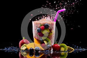 splash of multi-colored bright fruit drink. Transparent glass with soda and berries. On a black background. orange, berries. Close