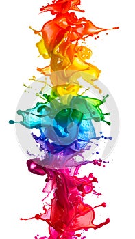 Splash multi-colored paint. Energetic burst of liquid colors, captured in fluid motion wave against white background