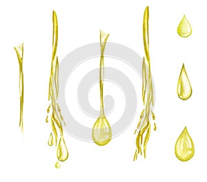 Splash of oil or yellow water. Isolated element for product, packaging. Watercolor realistic of liquid waves of falling