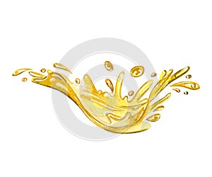 Splash of oil or yellow water. Isolated element for product, packaging. Watercolor realistic of liquid waves of falling