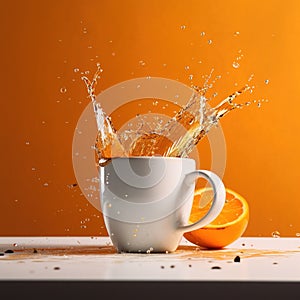 Splash of orange juice in a white cup on a yellow background.