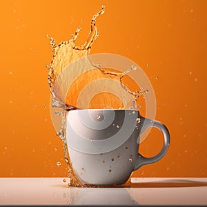 Splash of orange juice in a white cup on a yellow background.