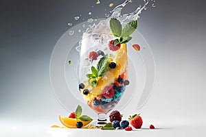 Splash of organic water cocktail with pieces of fresh fruit. White background, isolated