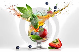 Splash of organic water cocktail with pieces of fresh fruit. White background, isolated