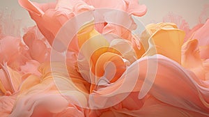 Splash of peach liquid paint texture background, abstract pattern of pink yellow fluid. Swirl of colored surface close-up. Concept