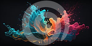 Splash of rainbow paint. Smoke billowing flames background. Abstract color swirl wallpaper.