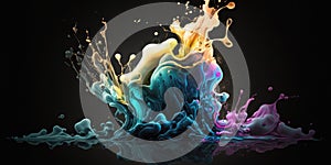 Splash of rainbow paint. Smoke billowing flames background. Abstract color swirl wallpaper.