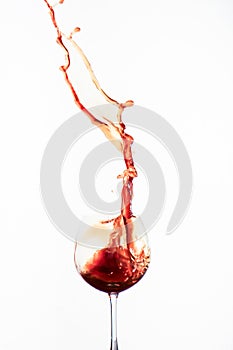 Splash red water in a wine glass with white background