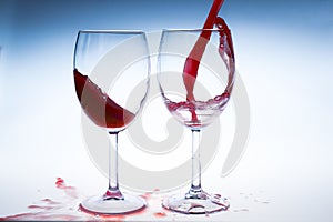 Splash red wine glass against a white background