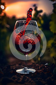 A splash of red wine in a glass at sunset on the background of the vineyard, Generative AI