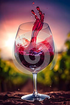 A splash of red wine in a glass at sunset on the background of the vineyard, Generative AI 3