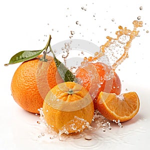 Ripe orange and tangerine splash isolated on white background photo