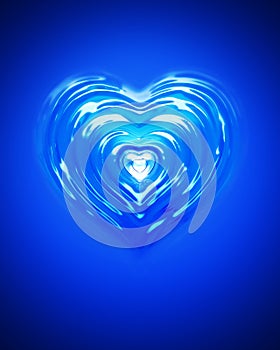 Splash ripple of liquid blue water in form of heart shape. Design creative concept of drink for valentine day or love.