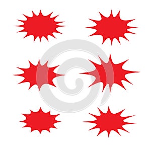 Splash star icon set in flat style. Set of explosion background for a surprising and shocking moment with sample texts.