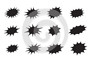 Splash star icon set in flat style. Set of explosion background for a surprising and shocking moment with sample texts.