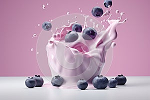 Splash of tasty yogurt and fresh blueberries on violet background. Generative AI