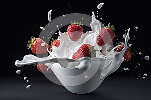 Splash of tasty yogurt and fresh strawberries on dark background. Generative AI