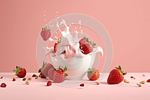 Splash of tasty yogurt and fresh strawberries on pink background. Generative AI