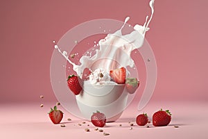 Splash of tasty yogurt and fresh strawberries on pink background. Generative AI