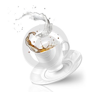 Splash of tea with milk in the falling cup isolated on white