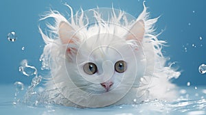 Splash-themed image of a white kitten created on blue background