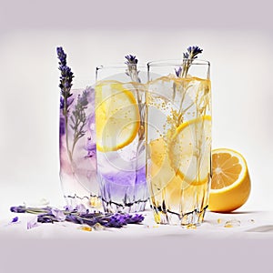 Splash of three glasses lavender lemonade with lemon on purple background